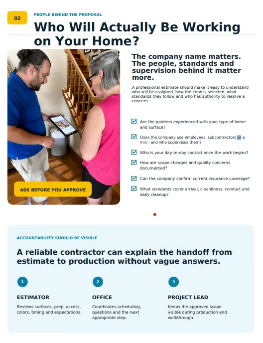 Inside the guide: a real homeowner reviewing project details with a painting professional